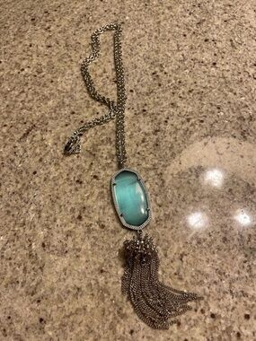 Kendra Scott Silver Necklace with Aqua Oval Stone and Tassel